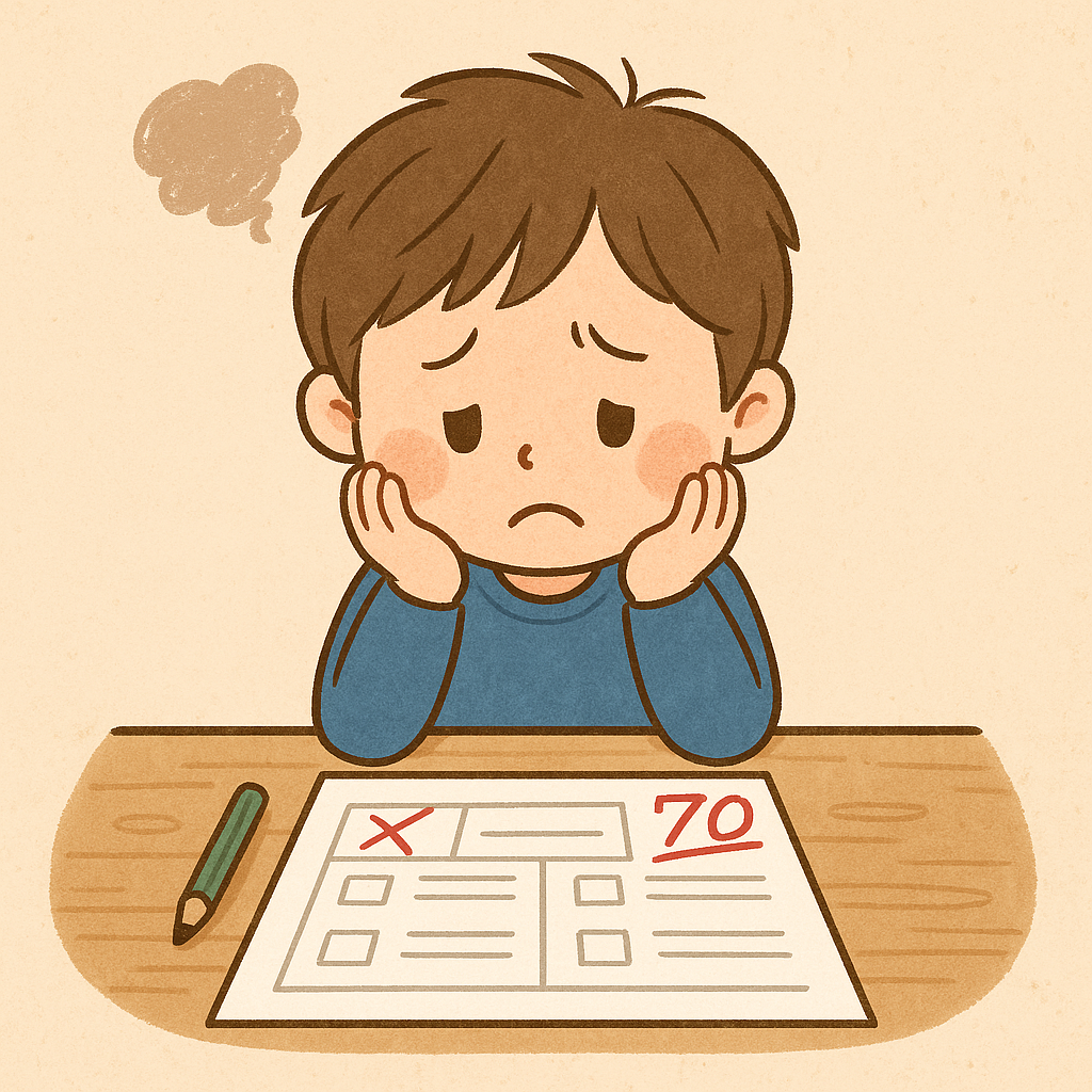 １００点が取れずに悩んでいる子どものイラスト
