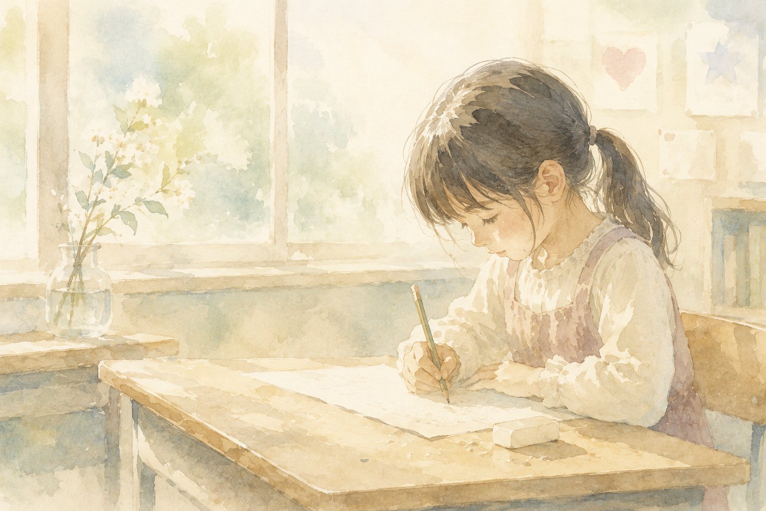 教室の机で静かにプリントへ向かう女の子。消しゴムをそばに置き、やわらかな朝の光が差し込む水彩風イラスト。